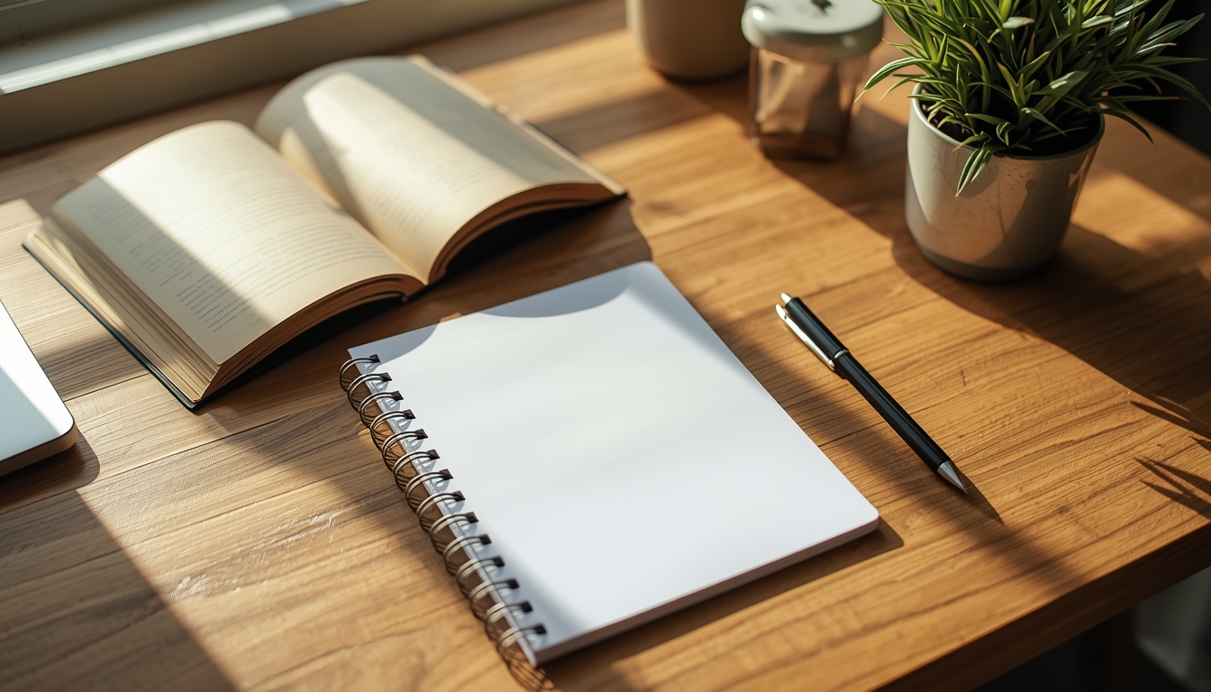 Sunlit desk with notebook symbolizing calm planning with Flowganize on Wloxarixixin